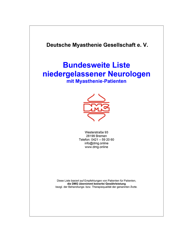 Bundesweite Liste niedergelassener Neurologen mit Myasthenie-Patienten