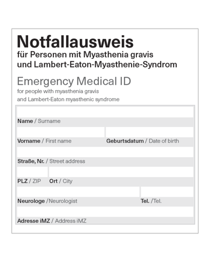 Notfallausweis für Myasthenia gravis und das Lambert-Eaton-Myasthenie-Syndrom
